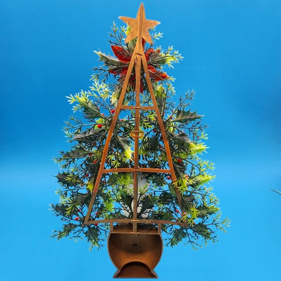 Merry Christmas Tree Snowman Flocked Poinsettia 1970s Kitsch Plastic Hong Kong - Picture 10 of 10